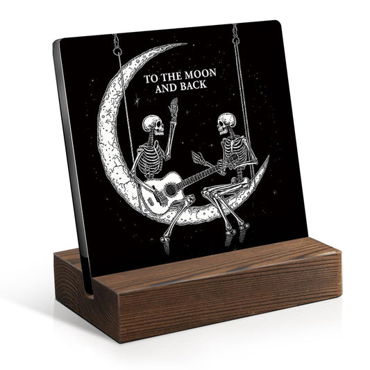 Juoqg To The Moon And Back Gothic Acrylic Sign with Wooden Stand, Couples Gifts for Girlfriend, Valentines Gothic Gifts for Women Men Wife Husband, Skeleton Couple Plaque Gifts