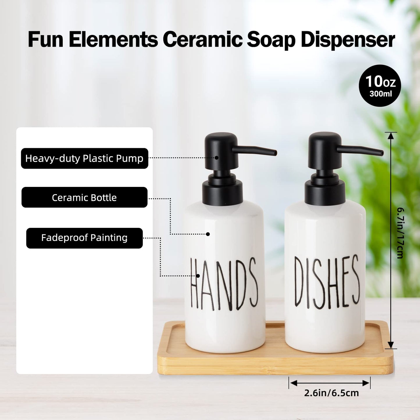 FE Hand Soap Dispenser, 10oz Ceramic Soap Dispenser for Bathroom with Plastic Pump(Hands)