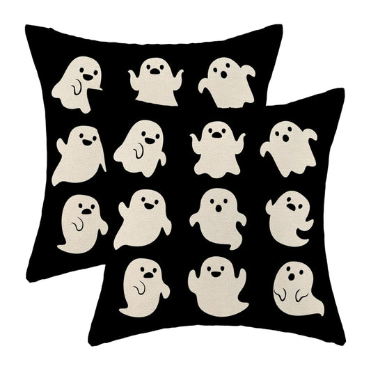 Sorktse Halloween Pillow Covers 18 x 18 Inch Set of 2 Cute White Ghost Throw Pillows Outdoor Decorative Holiday Black Pillowcases Linen Cushion Cases for Farmhouse Home Bed Sofa Couch