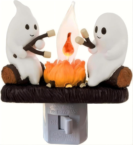 nlaa Ghost Campfire Nightlight,Halloween Campfire Flickering Night Light,3D Spooky Fire Marshmallow Night Light for Halloween Decor (Cute Ghost)