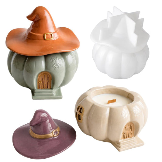 Pumpkin Jar Resin Mold with Witch Hat – Halloween Silicone Mold for Epoxy, Plaster, Candle Holder, Trinket Box, DIY Decor
