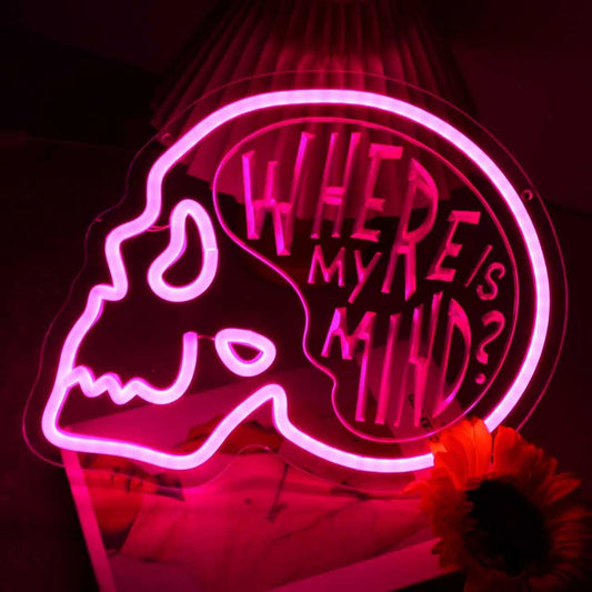 MOERBENCHI Skull Where is My Mind Neon Signs for Wall Decor, USB Dimmable Pink Skeleton LED Neon Light Sign for Bedroom Man Cave Beer Bar Club Game Room, Halloween Party Decor Gift