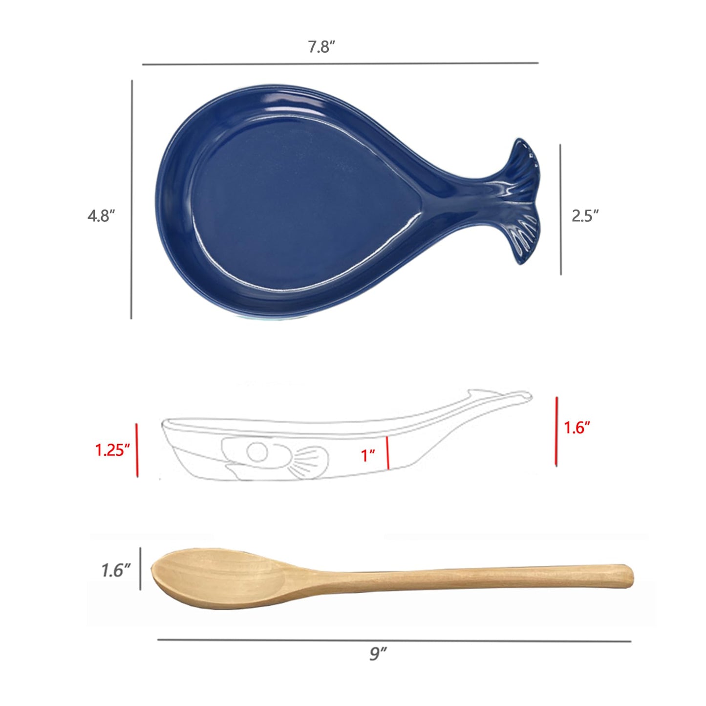 Ceramic Spoon Rest for Kitchen with Wooden Spoon, Whale Shape, Navy, 4.8W X 7.8L