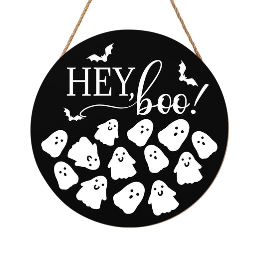 Hey Boo Sign 12x12 Inch Halloween Wreaths for Front Door Halloween Ghost Wood Door Hanger Black Boo Sign Farmhouse Holiday Decorations Wall Hanging Plaque for Trick or Treat Party Inside Outside