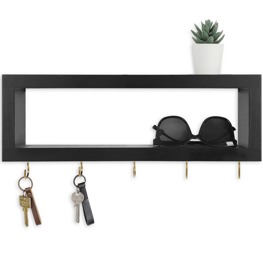 Lwenki Wall Shelf with Hooks - Decorative Key and Wallet Holder for Wall Holds Sunglasses, Leashes, Scarves and Lanyards - 15.7" x 5.1" x 2.9" Entryway Organizer Made of Paulownia Wood (Black)