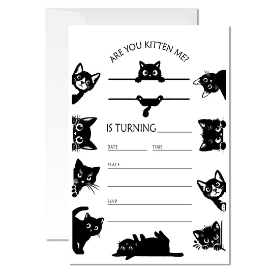ZYQFN 20 Black Cat Birthday Invitations for Girls Boys Kids Adult with Envelopes - 4x6 Inch Kitten Card, Cute Pet Themed Party Invites. (030)