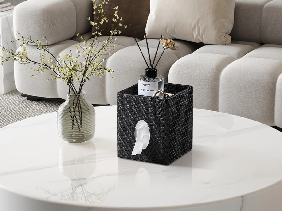 Square Tissue Box Cover, Stylish Leather Tissue Box Holder with Storage Tray, Decorative Tissue Rack Storage Box for Living Room, Bedroom, and Office Desk(Black Woven Pattern)