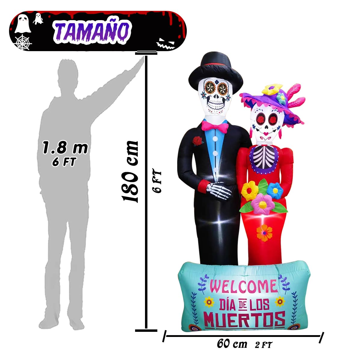 Dia De Los Muertos Decoration, 6 FT Halloween Inflatables Décor Day of The Dead Spooky Sugar Skull Couple, Blow Up Yard Decorations with Built-in LED for Outdoor Garden, Lawn