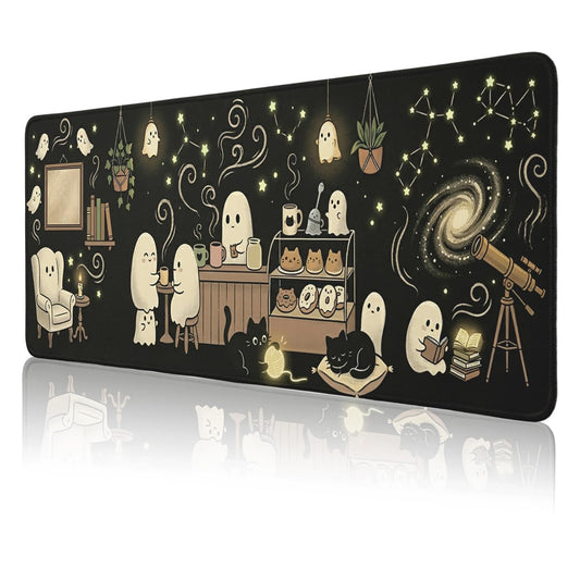 Cute Ghost Desk Pad Mouse Pad Halloween Cozy Spooky Black Cat Extended Gaming Mouse Pad Mat with Stitched Edge Non-Slip Base Big Mousepad 31.5 x 11.8 Inch