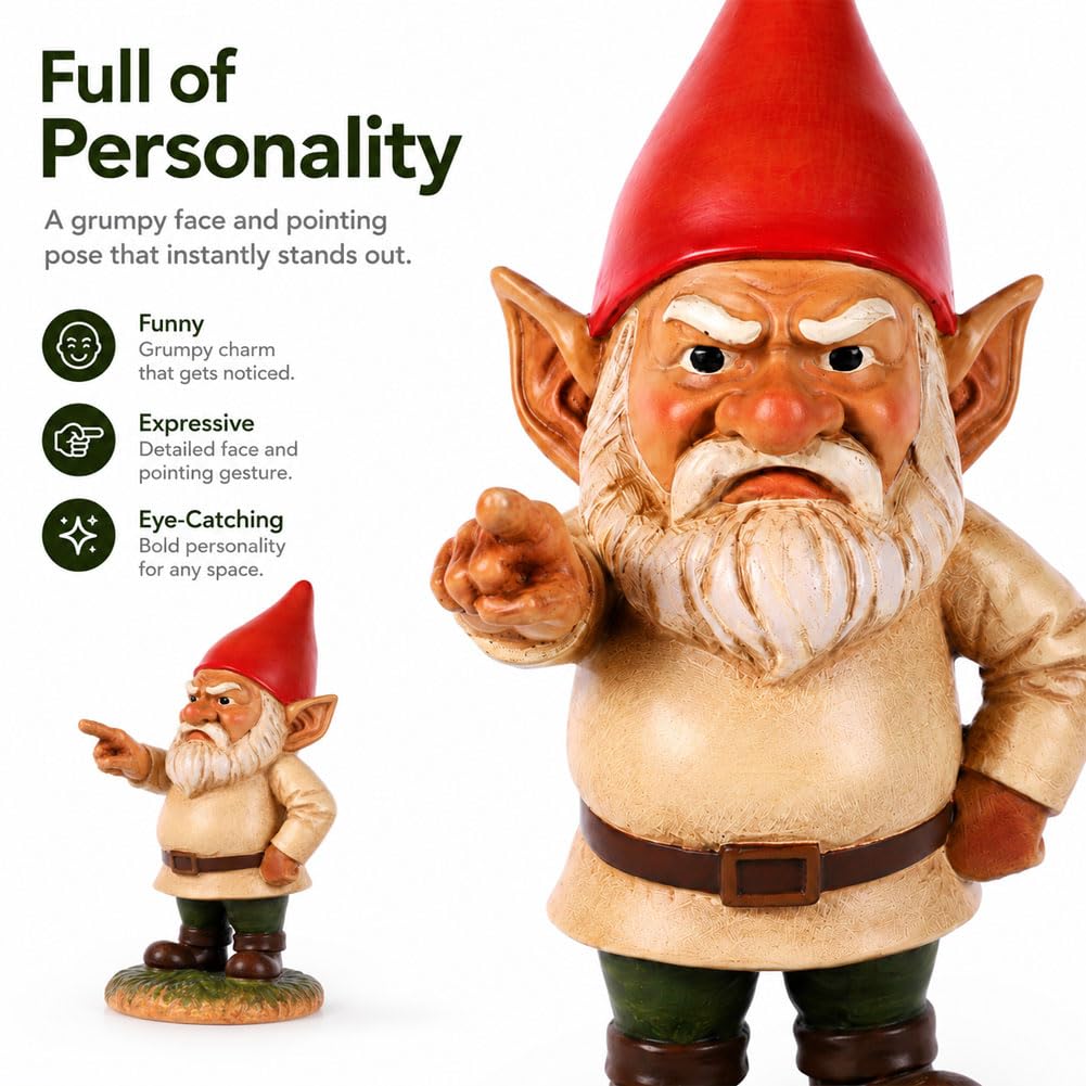 QIANLING 6.3" Garden Gnomes Outdoor, Angry Garden Gnome Statue, Funny Resin Gnome Garden Decor, Garden Gnomes for Yard Lawn Patio Porch Flower Bed Decor, Red Hat Gnome Gift for Garden Lovers