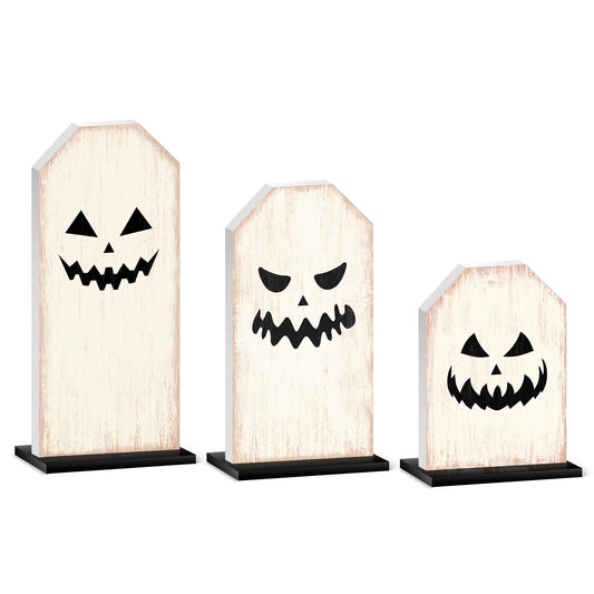 3 Pcs Ghost Halloween Sign Wooden Tiered Tray Decor, Spooky White Ghost Table Decor Vintage Rustic Halloween Decorations Party Tabletop Centerpieces for Home Kitchen Indoor Mantel Desk Fireplace