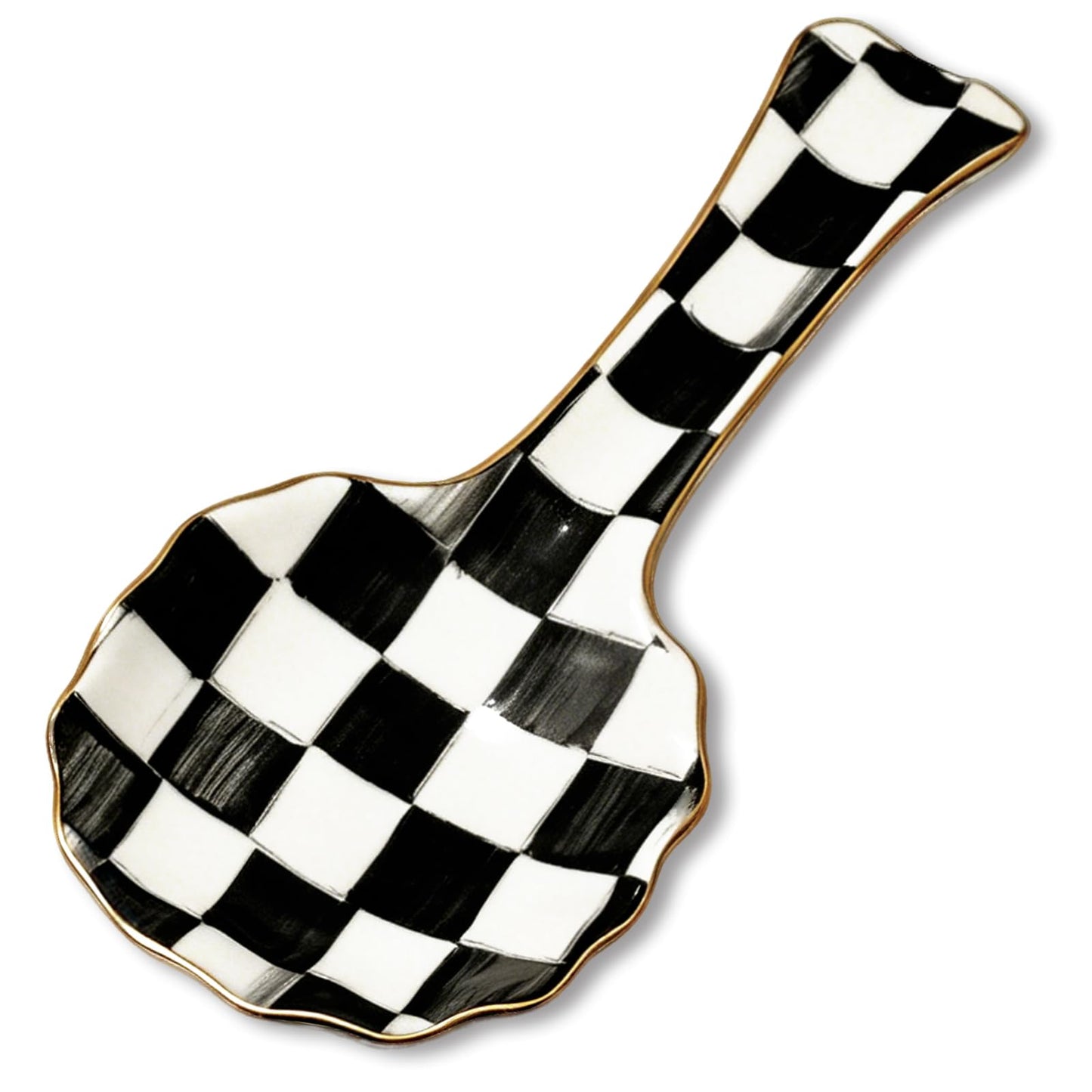 FYSUIMU 8.9 Inch Checkerboard Ceramic Spoon Rest Retro Checkered Scalloped Cooking Spoon Holder with Gold Rim for Stove Top Kitchen Countertop Decor
