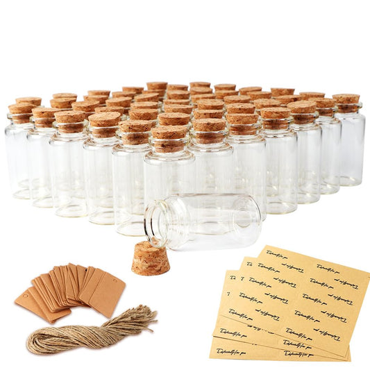 AerWo 32PCS 40ml Small Glass Bottles with Cork Lids, Potion Bottles with Cork Tags and Hemp Ropes, Spell jars Mini Glass Jars with Lids for Party Weddings Baby Shower Favors Crafts Home Decorations
