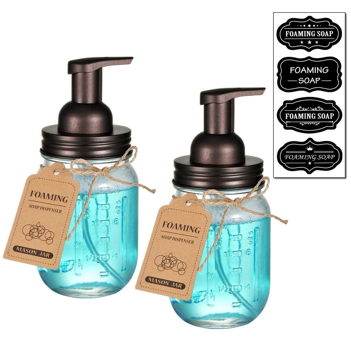 SheeChung Mason Jar Foaming Soap Dispenser-Rustproof Stainless Steel Lid & Foaming Soap Pump, Refill Foam Hand Soap Dispenser Glass for Bathroom Kitchen Vanities, Countertops-Bronze (2 pk)