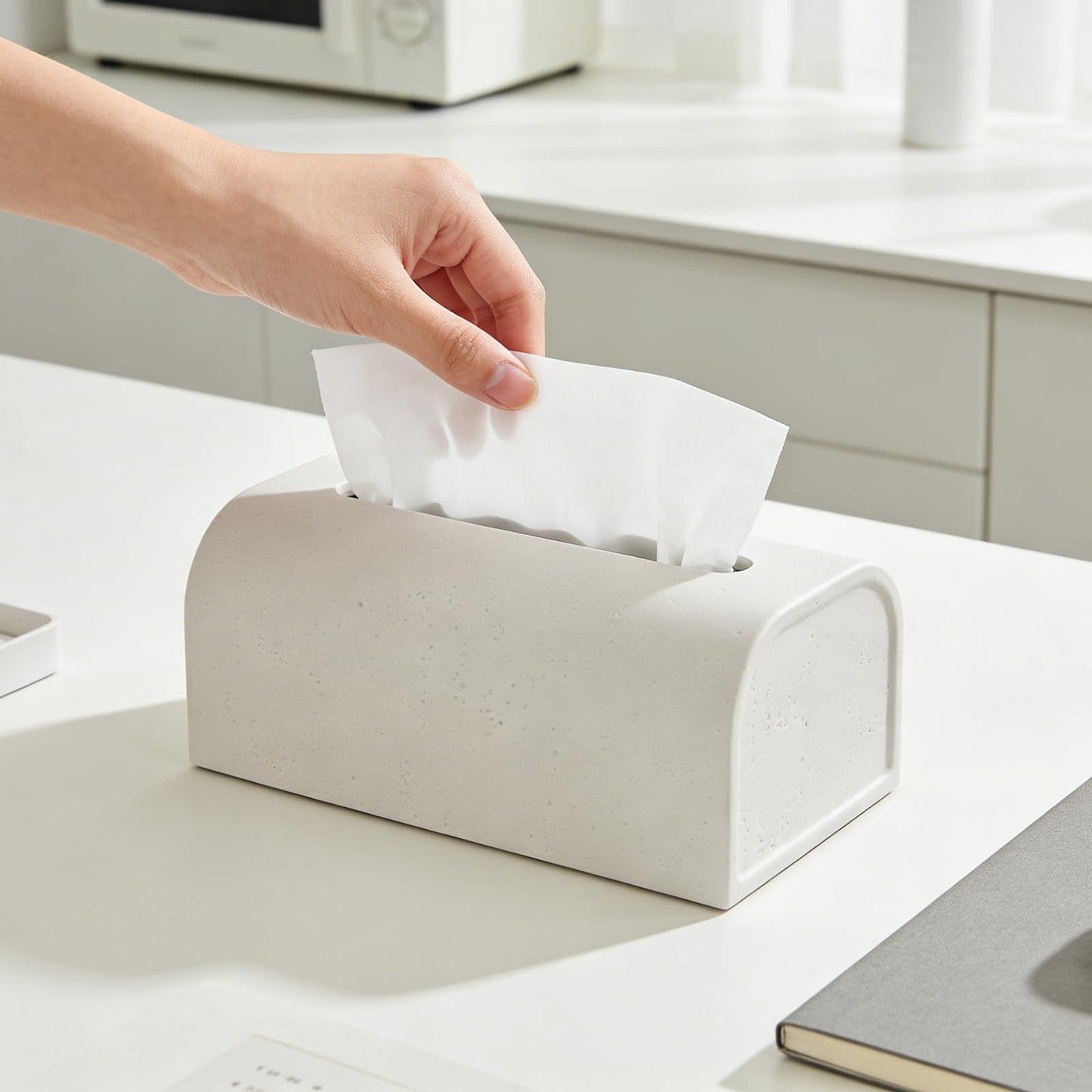 Resin Tissue Box Cover Rectangle, Decorative Facial Tissue Holder Covers Toilet Paper Holder Travertine Stone Look Paper Dispenser Home Decor for Bathroom Bedroom Living Room Office - Off White