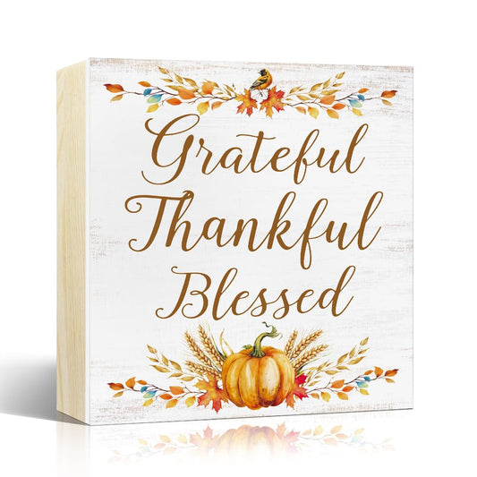 Sixrip Grateful Thankful Blessed Wooden Box Sign, Autumn Halloween Office Desk Decor for Coworker, Fall Pumpkin Wooden Box Sign Plaque for Home Shelf, Thanksgiving Birthday Gifts For Family Friend