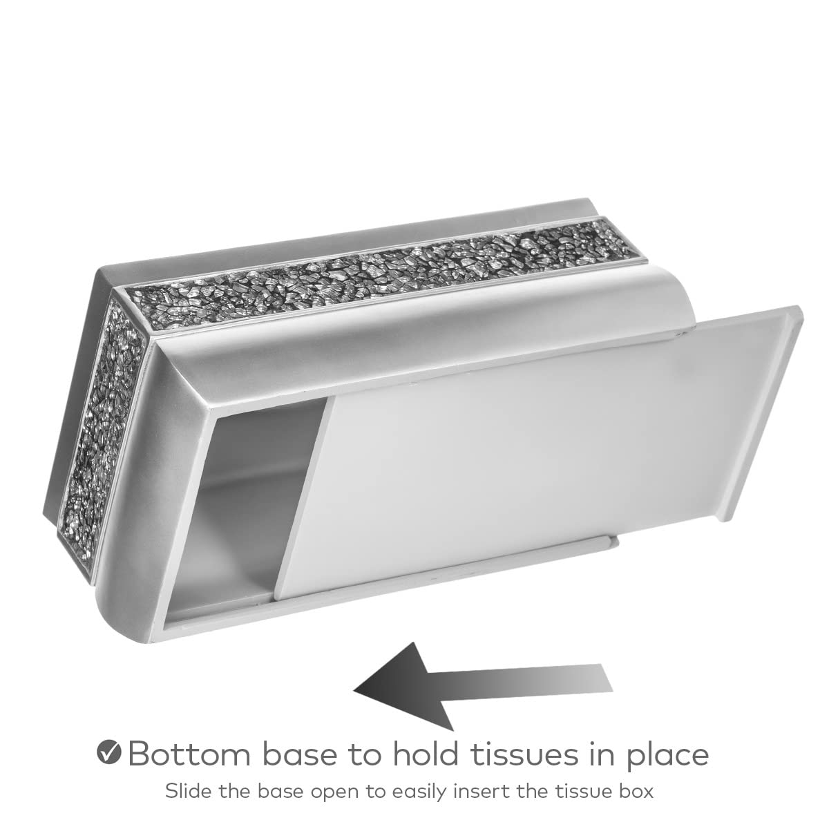 Crackled Glass Silver Tissue Box Cover Rectangular - Decorative Bling Tissue Box Holder With Beautiful Mosaic Glass - Elegant Tissue Holder For Bathroom With Durable Bottom Slider (Silver Collection)