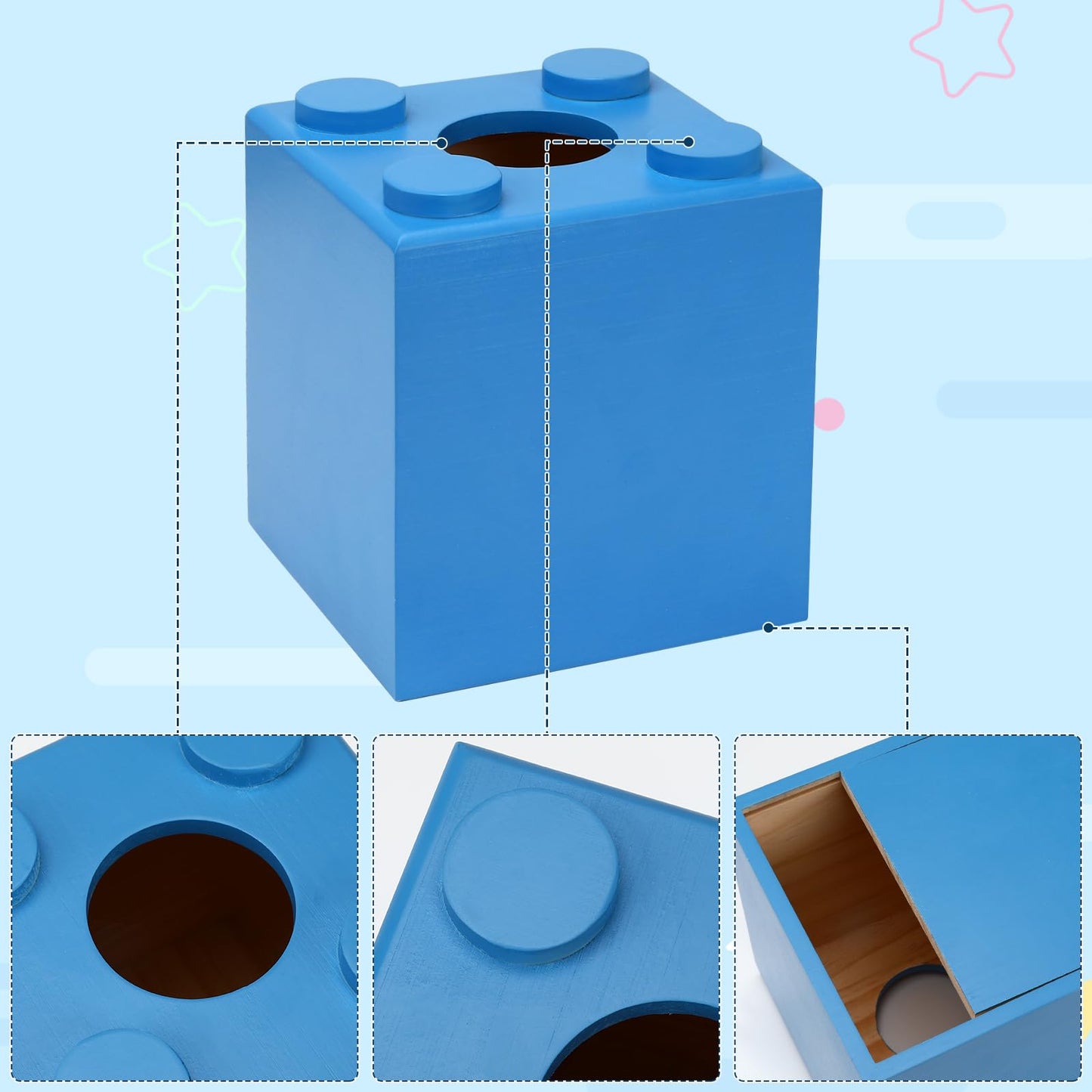 CypherX Wood Tissue Box Cover, Tissue Box Cover Square, Building Blocks Tissue Box Holder with Slide-Out Bottom, Cute Home Decor for Bathroom Living Room Office Kitchen (Blue, Small)