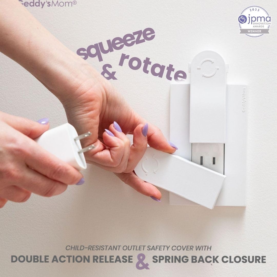 Self-Closing Outlet Cover Plate System by Geddy’s Mom – Automatic Child Safety that Covers Outlets When Unplugged, Shut Your Face, Easy Install, Award-Winning Baby Proofing for 1-Screw Duplex Outlets