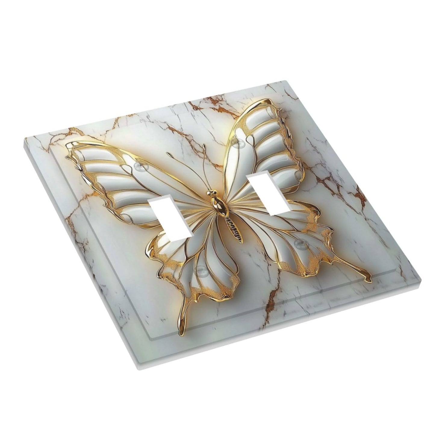 OILbiexn Decorative Light Switch Cover White Gold Abstract Modern Marble Butterfly 2 Gang Double Toggle Wall Plates Switch Plate Electrical Outlet Cover Decora Switch Plate for Bathroom Kitchen Decor