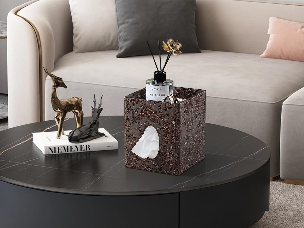 Square Tissue Box Cover, Stylish Leather Tissue Box Holder with Storage Tray, Decorative Tissue Rack Storage Box for Living Room, Bedroom, and Office Desk(Brown Grape Pattern)