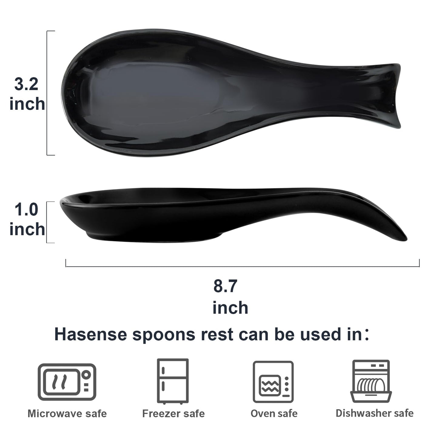Hasense Spoon Rest for Stove Top, Large Ceramic Spoon Holder for Kitchen Counter, Cooking Utensil Rest for Spatula Ladle and Tong, Utensil Rest for Coffee Bar, Housewarming Gift, Black