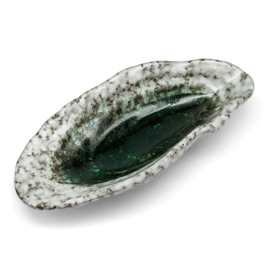 LINXUXIE Large Ceramic Spoon Rest for Stove Top, Oyster Shell-Shaped Stable Glaze Sauce Tray Fruits Dish Porcelain Utensil Spoon Holder for Kitchen Counter Dining Table Decor Easy Clean (Silver)