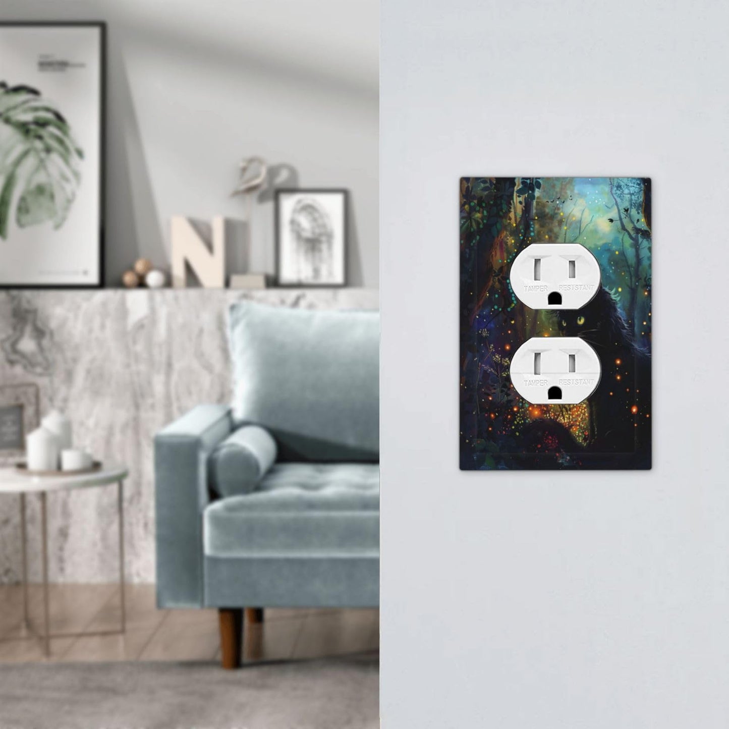 Spshian Decorative Outlet Covers Magic Fantasy Forest Mysterious Black Cat 1 Gang Duplex Light Switch Cover Plate Electrical Switch plates Wall Plates Receptacle Covers for Kid Room Bathroom Decor