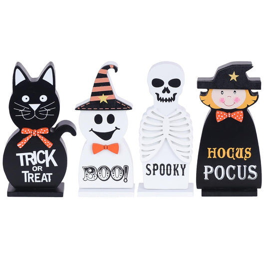 Halloween Decorations Indoor, DECSPAS 4 PCS Wood Blocks Halloween Table Decor, Ghost Black Cat Skull Witch Gothic Tabletop Ornaments, Hocus Pocus Decorations for Home, Tiered Tray, Shelf, Mantel