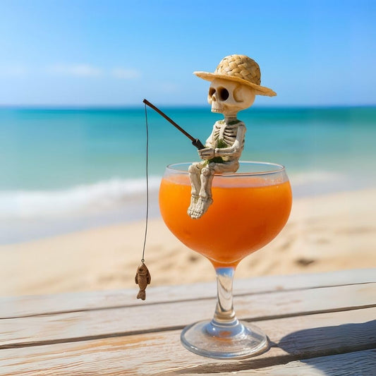 BILICAM Mini Skeleton Fishing Figurine – 4.5” Gothic Summerween Decor for Outdoor Pond, Halloween Poolside Table, or Spooky Cocktail Cup | Cute Skull Statue for Goth Garden & Halloween Party Display