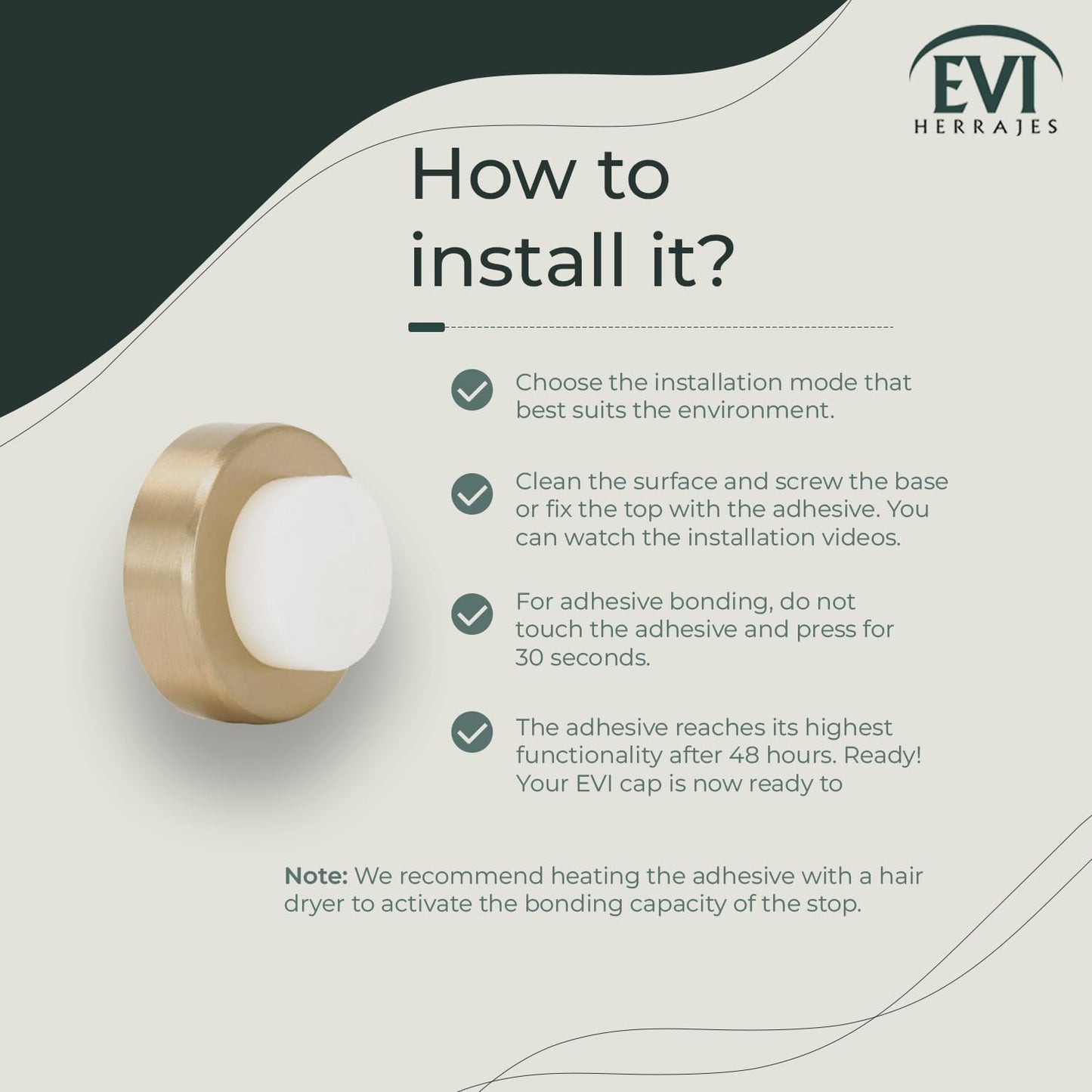 EVI | Wall Mounted Doorstop | 0.7'' x 1.37'' | Natural Silicone White Rubber | Adhesive or Screw Installation | Brass Finish | Mod. I-254