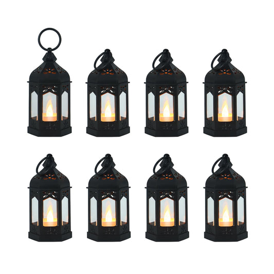 LLQ 8Pcs Mini Lanterns for Centerpiece, Medieval Gothic Fairy Party Decor, Decorative Candle Lanterns for Indoor, Small Vintage Lantern for Halloween Christmas Wedding Table Decor, Black