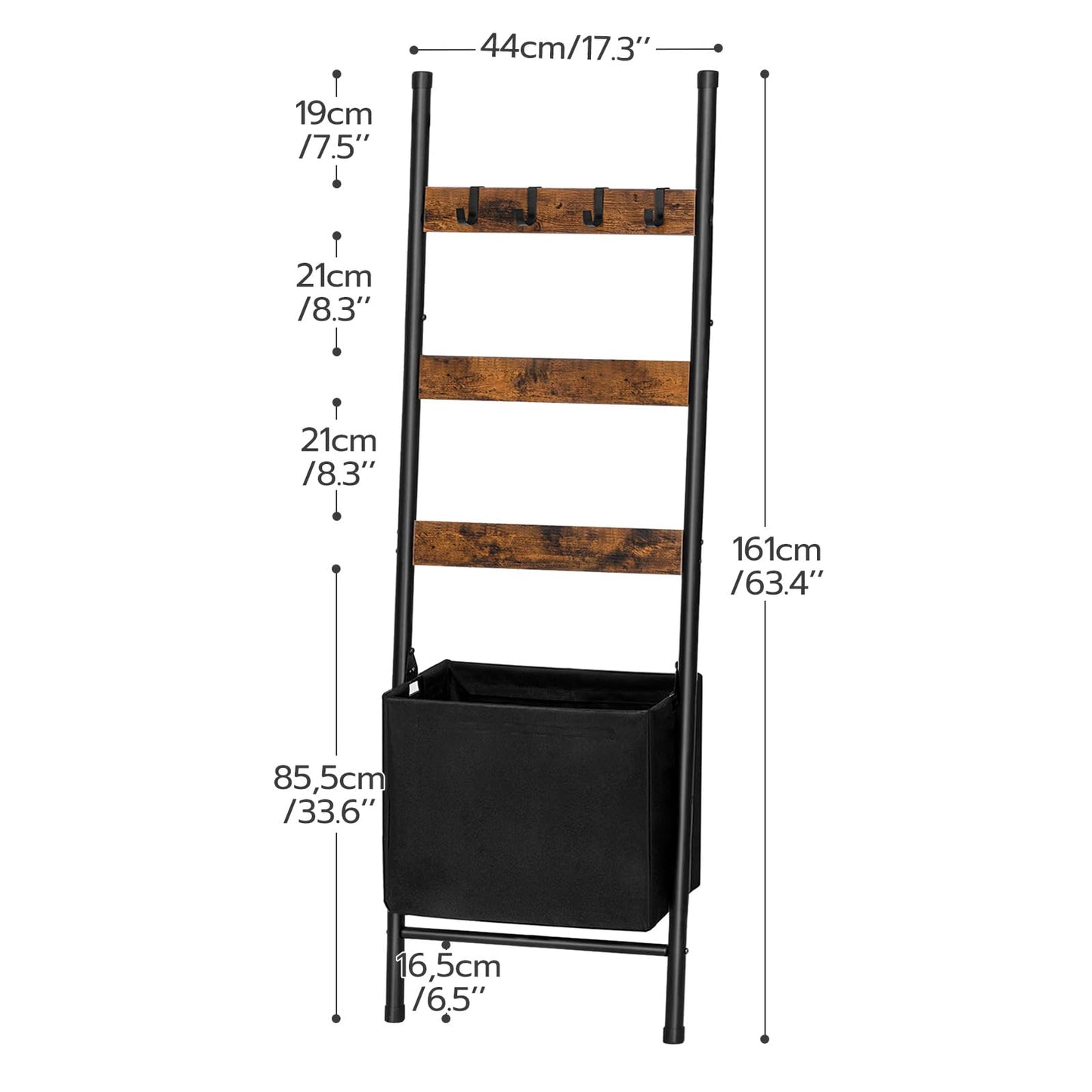 HOOBRO Blanket Ladder with Basket, Towel Rack with Hooks, Blanket Holder Rack, Decorative Ladder Shelf, Drying and Display Rack for Bathroom, Living Room, Rustic Brown BF52-31CJ01
