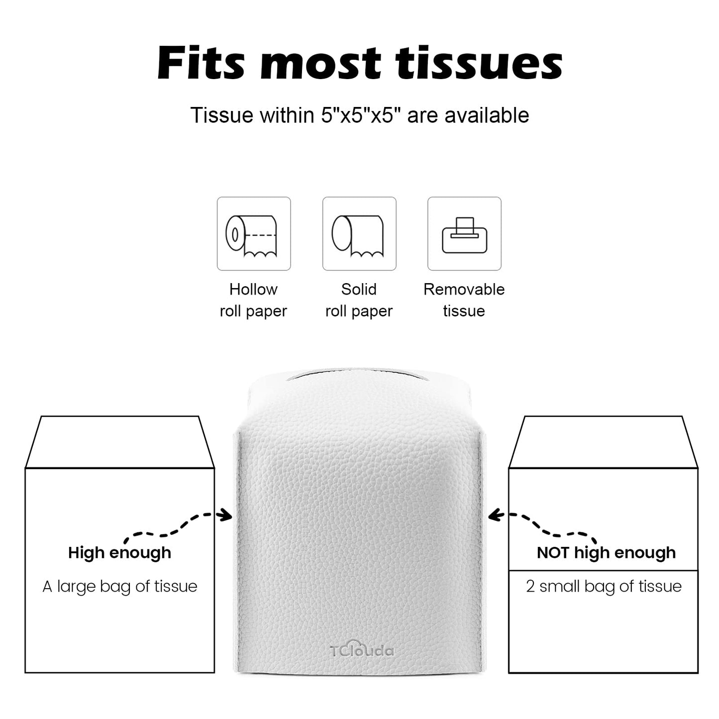Tissue Box Cover, Tclouda, Modern PU Leather Square Tissue Box Holder for Creative Decorative, 2 Pack, Ideal for Bathrooms/Office/Car/Nightstand/Outdoor Tent/Dining Table, 5"X5"X5", Double White