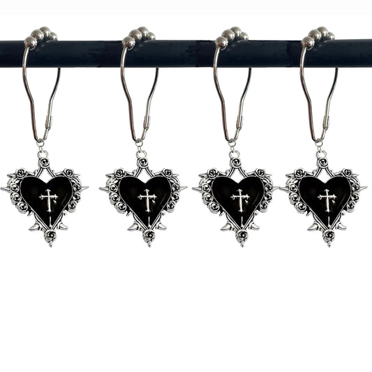 Halloween Shower Curtain Hooks, 12Pcs Black Heart Thorny Rose Cross Rustproof Decorative Shower Rings for Vintage Gothic Style Bathroom Decor