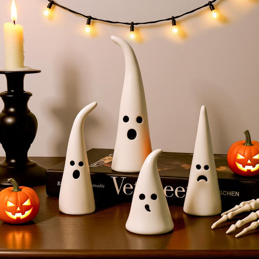 Pawliss Halloween Decor Ceramic Ghost: 4 pcs Cute Halloween Decorations Indoor, Rustic Witch Hat Shape Ghost Figurine, Farmhouse Table Desk Tiered Tray Mantel Fireplace Decor for Kids Home Office