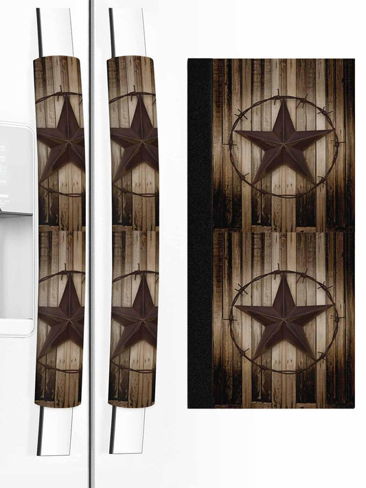 Western Star Retro Refrigerator Door Handle Covers Set of 2 for Dishwasher Microwave Oven Fridge Stove Appliance Door Handles, Vintage Brown Wood Barn Washable Kitchen Bathroom Decor Accessories