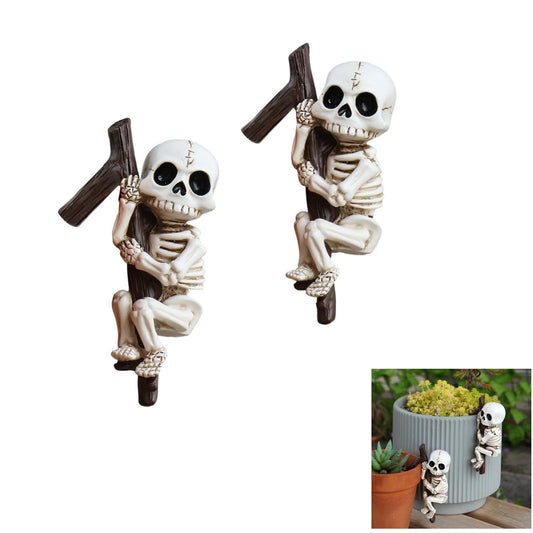 Wjwumha 2 Pieces Climbing Skeleton Statues Halloween Plant Pots Hanging Figurine Skull Atmosphere Ornament for Flower Pot Fish Tank Decoration