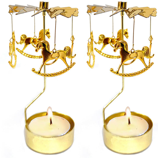 COMZPLIFE Carousel Spinning Tea Light Candle Holder, Gold Metal Rotary Candle Holder for Birthday, Wedding, Anniversary, Party, Table Decoration, Home Decor(2Pcs)