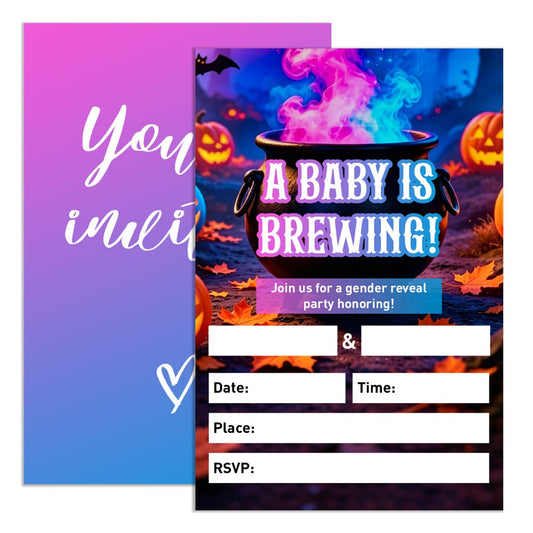 Halloween Gender Reveal Invitation Set of 20, 4"x6" Witch Theme Invites