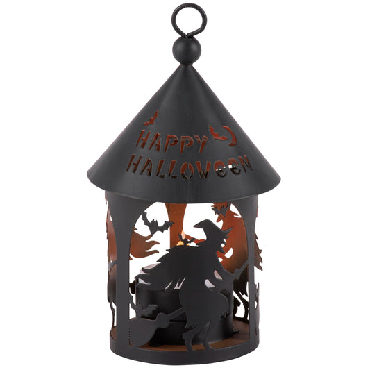 Primitives by Kathy Decorative Lantern, Flying Witches, from Our Halloween Collection, Vintage Lantern Design, Cutouts of Witches Flying on Brooms with Bats Including a Happy Halloween Sentiment