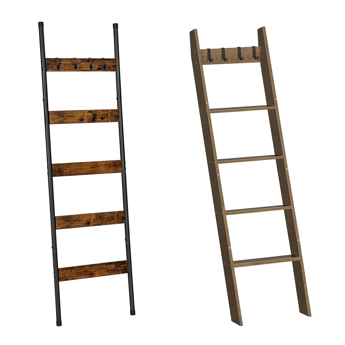 HOOBRO Blanket Ladder, 5-Tier Towel Rack with Hooks, Wall-Leaning Blanket Rack, Decorative Display Ladder Shelf, Scarves, Living Room, Bedroom, Bathroom BF52-51CJ01