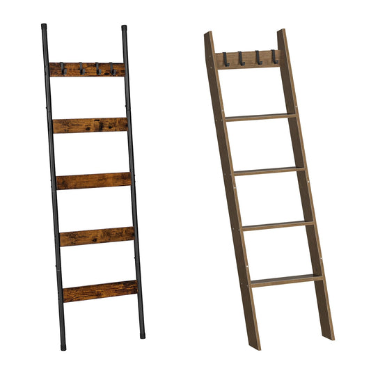 HOOBRO Blanket Ladder, 5-Tier Towel Rack with Hooks, Wall-Leaning Blanket Rack, Decorative Display Ladder Shelf, Scarves, Living Room, Bedroom, Bathroom BF52-51CJ01