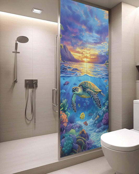 Sea Turtles Window Privacy Film Stained Glass Window Film Decorative Window Cover Static Window Cling for Glass Door Coastal Coral Tropical Fish Sunset Scenery Window Stickers for Bathroom 29.5"x78.7"
