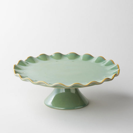 YHOJOY Cake Stand Ceramic, Small Cake Stand for 8 Inch Cake, Vintage Dessert Stand with Ruffle Trim for Mother's Day, Decorative Pedestal Cake Plate Cupcake Stand for Tea Party, Teal