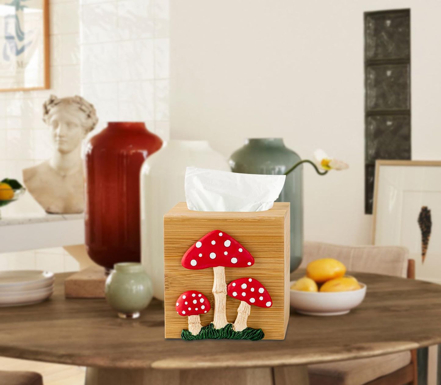 Mushroom Tissue Box Cover Square Tissue Box Holder Bamboo Tissue Box Holder Square Cube Decorative