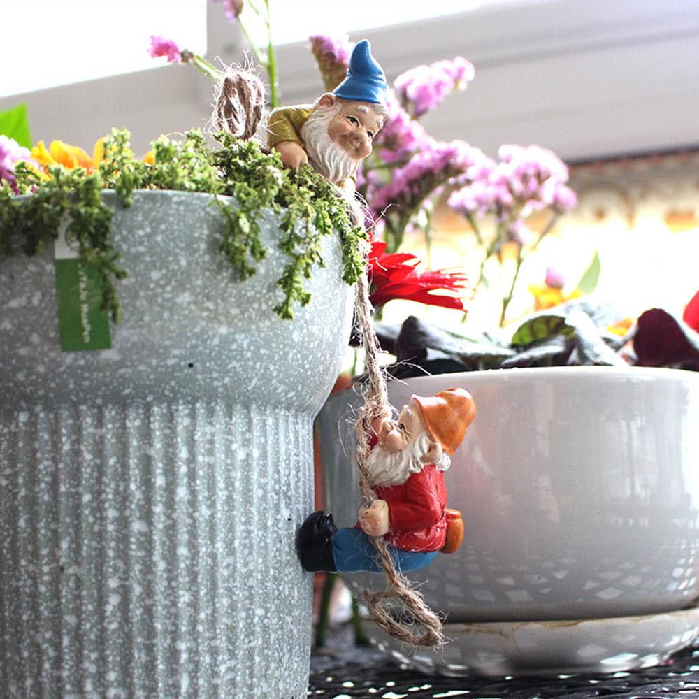 OJTNELDT Garden Gnome Figurines Set of 4, Resin Fairy Garden Gnomes with Rope, Funny Outdoor Plant Pot Decorations for Succulents, Terrariums, Miniature Garden, Patio & Indoor Planters