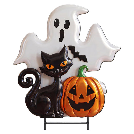 Junkin Halloween Metal Yard Stakes Ghost Black Cat Pumpkin Yard Signs Outdoor Spooky Decorative Garden Stakes Patio Lawn Walkway Backyard Porch Decorations for Scary Halloween Trick or Treat Party