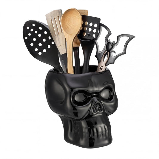 Yungyan Ceramic Skull Utensil Holder for Kitchen, Gothic Kitchen Accessories, Large Capacity Skull Skeleton Storage Pen Holder for Vanity Desk Bathroom Office Halloween Scary Party Decoration
