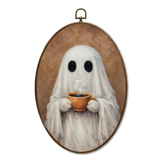 Ghost Drinking Coffee Cup Oval Wall Art, Cozy Spooky Decor for Kitchen Dining Room Living Room, Whimsical Decoration for Coffee Lovers 8.5×11.5 Inch